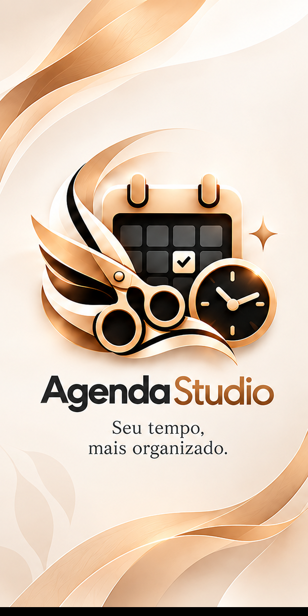 Splash original do Agenda Studio, em creme e dourado, com calendário, tesoura e relógio